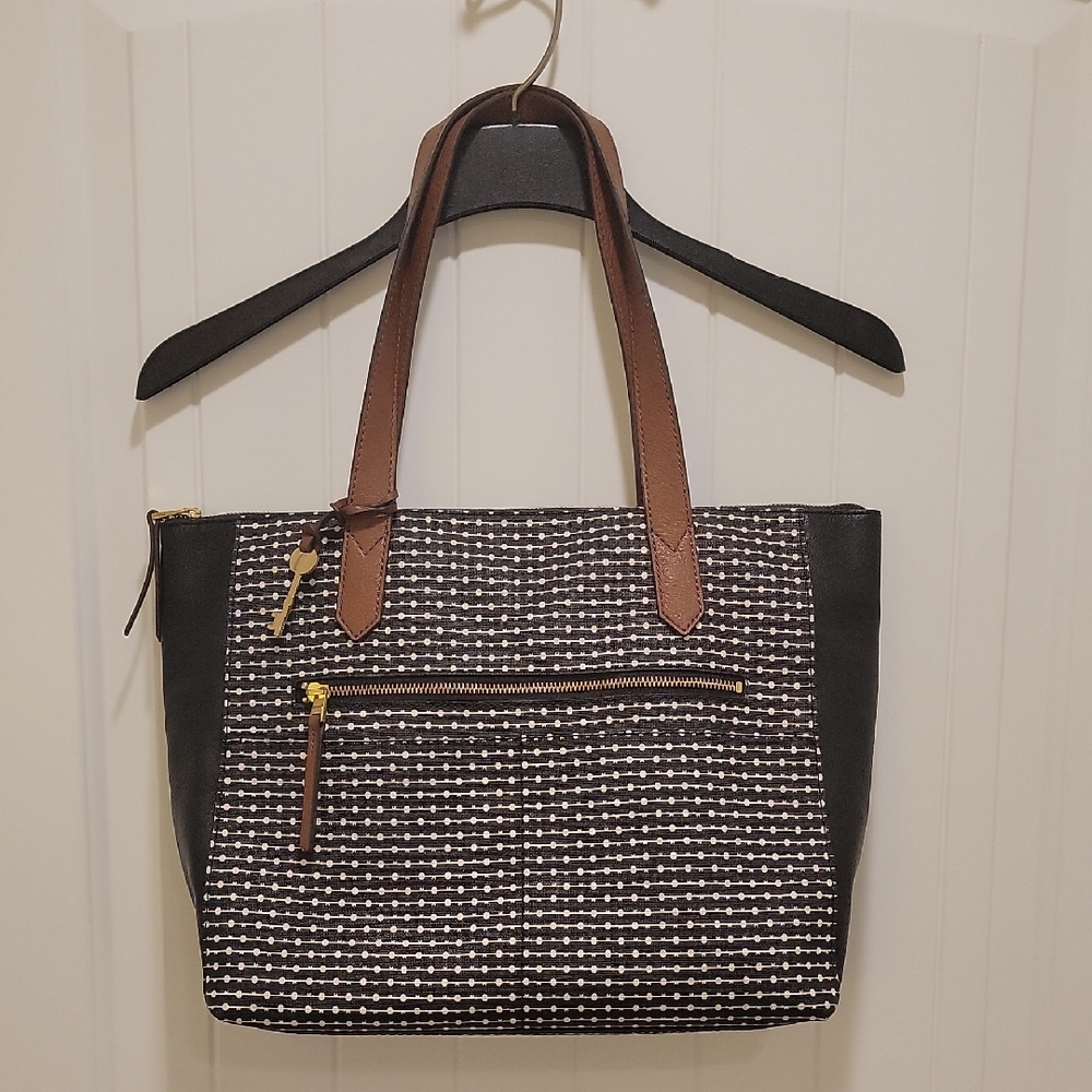 Fossil Vegan Leather Handbag Black Dotted Tote